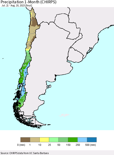 Chile Precipitation 1-Month (CHIRPS) Thematic Map For 7/21/2023 - 8/20/2023