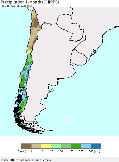 Chile Precipitation 1-Month (CHIRPS) Thematic Map For 7/26/2023 - 8/25/2023