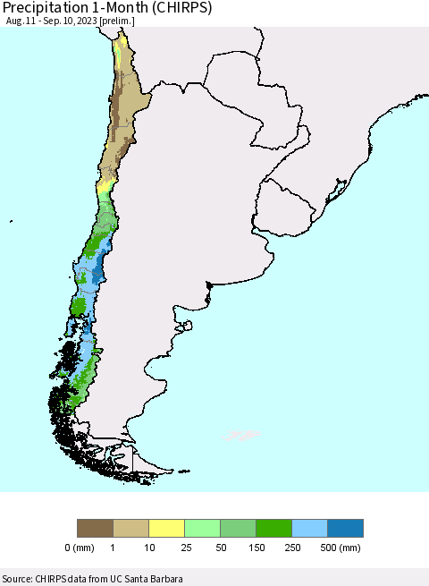 Chile Precipitation 1-Month (CHIRPS) Thematic Map For 8/11/2023 - 9/10/2023