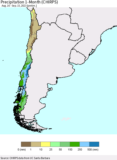 Chile Precipitation 1-Month (CHIRPS) Thematic Map For 8/16/2023 - 9/15/2023
