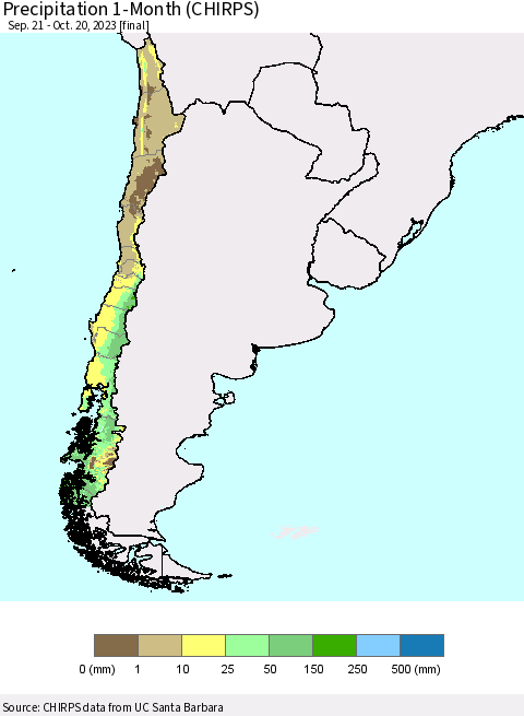 Chile Precipitation 1-Month (CHIRPS) Thematic Map For 9/21/2023 - 10/20/2023