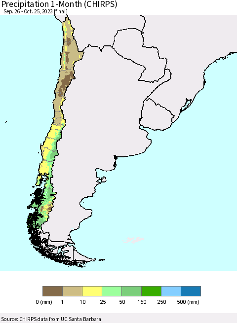 Chile Precipitation 1-Month (CHIRPS) Thematic Map For 9/26/2023 - 10/25/2023