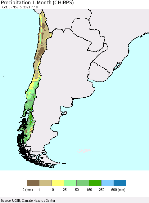 Chile Precipitation 1-Month (CHIRPS) Thematic Map For 10/6/2023 - 11/5/2023