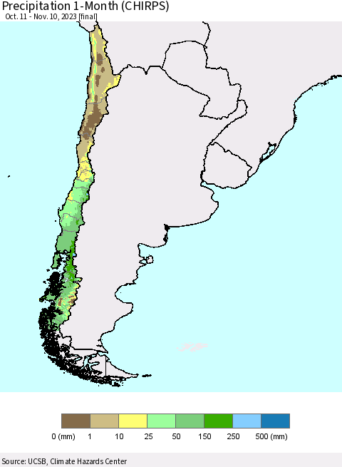 Chile Precipitation 1-Month (CHIRPS) Thematic Map For 10/11/2023 - 11/10/2023