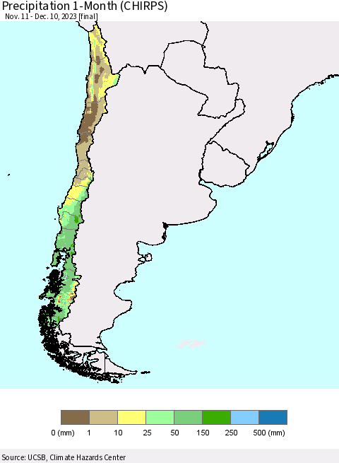 Chile Precipitation 1-Month (CHIRPS) Thematic Map For 11/11/2023 - 12/10/2023