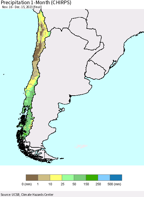 Chile Precipitation 1-Month (CHIRPS) Thematic Map For 11/16/2023 - 12/15/2023