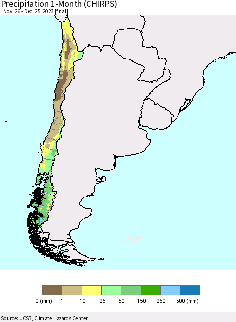 Chile Precipitation 1-Month (CHIRPS) Thematic Map For 11/26/2023 - 12/25/2023