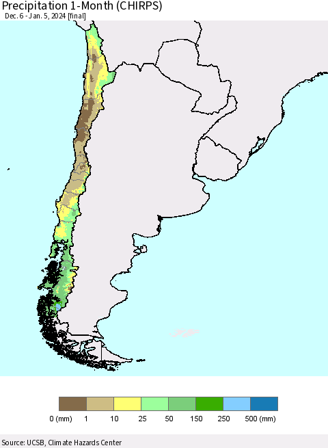 Chile Precipitation 1-Month (CHIRPS) Thematic Map For 12/6/2023 - 1/5/2024