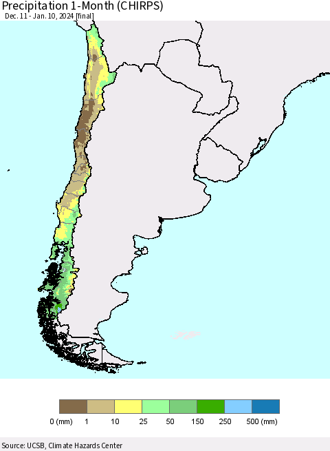 Chile Precipitation 1-Month (CHIRPS) Thematic Map For 12/11/2023 - 1/10/2024