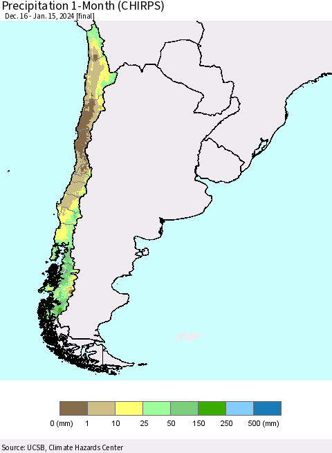 Chile Precipitation 1-Month (CHIRPS) Thematic Map For 12/16/2023 - 1/15/2024