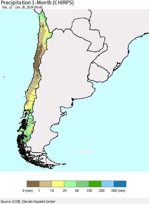 Chile Precipitation 1-Month (CHIRPS) Thematic Map For 12/21/2023 - 1/20/2024