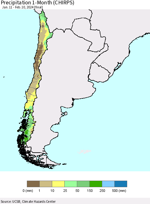Chile Precipitation 1-Month (CHIRPS) Thematic Map For 1/11/2024 - 2/10/2024