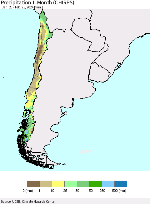 Chile Precipitation 1-Month (CHIRPS) Thematic Map For 1/26/2024 - 2/25/2024