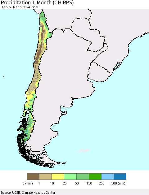 Chile Precipitation 1-Month (CHIRPS) Thematic Map For 2/6/2024 - 3/5/2024