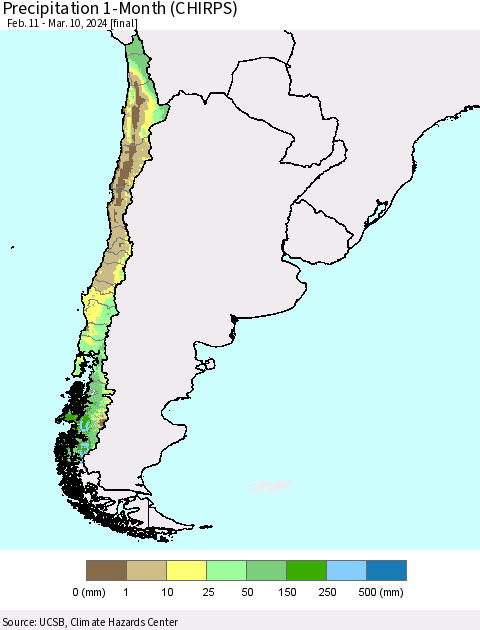 Chile Precipitation 1-Month (CHIRPS) Thematic Map For 2/11/2024 - 3/10/2024