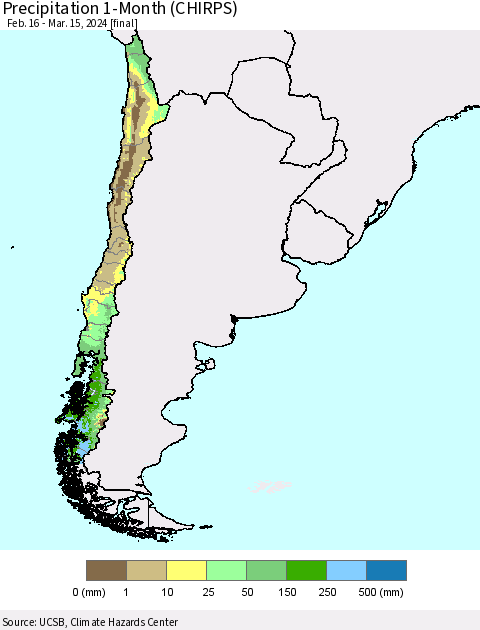 Chile Precipitation 1-Month (CHIRPS) Thematic Map For 2/16/2024 - 3/15/2024