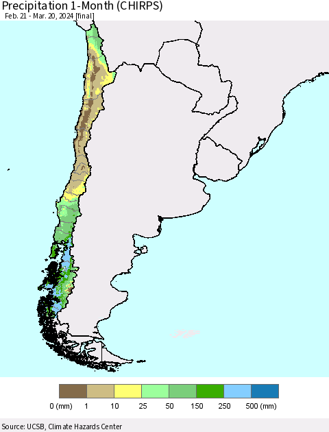 Chile Precipitation 1-Month (CHIRPS) Thematic Map For 2/21/2024 - 3/20/2024