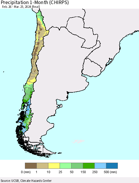 Chile Precipitation 1-Month (CHIRPS) Thematic Map For 2/26/2024 - 3/25/2024