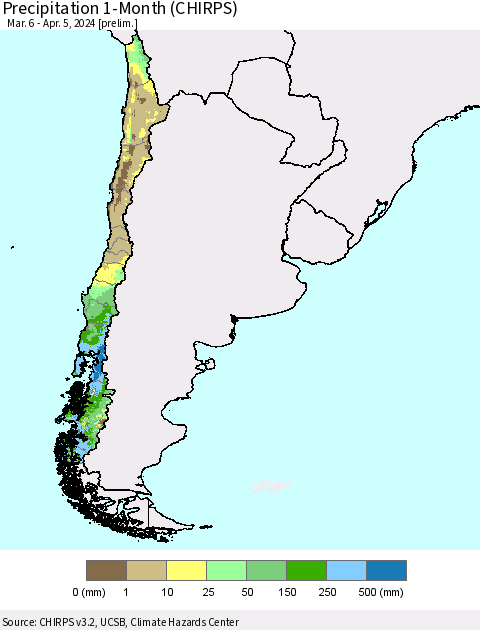 Chile Precipitation 1-Month (CHIRPS) Thematic Map For 3/6/2024 - 4/5/2024