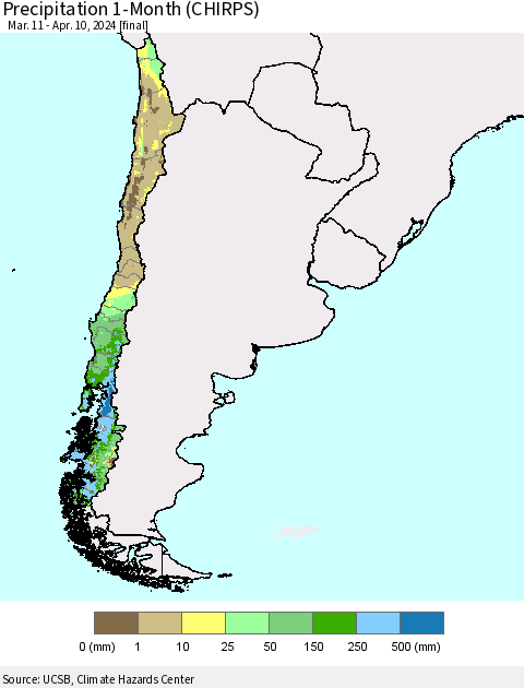 Chile Precipitation 1-Month (CHIRPS) Thematic Map For 3/11/2024 - 4/10/2024