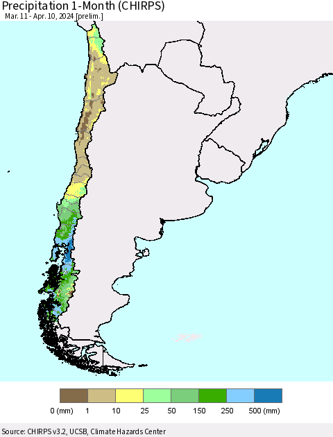 Chile Precipitation 1-Month (CHIRPS) Thematic Map For 3/11/2024 - 4/10/2024