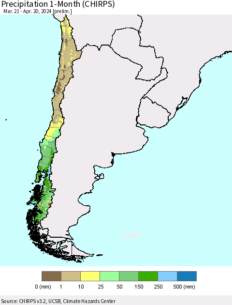 Chile Precipitation 1-Month (CHIRPS) Thematic Map For 3/21/2024 - 4/20/2024