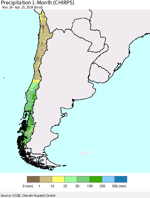 Chile Precipitation 1-Month (CHIRPS) Thematic Map For 3/26/2024 - 4/25/2024