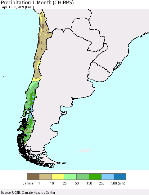Chile Precipitation 1-Month (CHIRPS) Thematic Map For 4/1/2024 - 4/30/2024