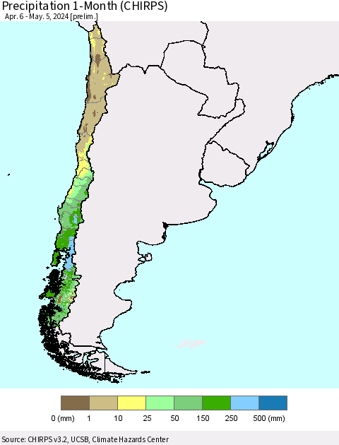 Chile Precipitation 1-Month (CHIRPS) Thematic Map For 4/6/2024 - 5/5/2024