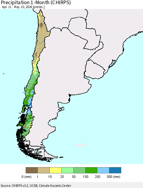 Chile Precipitation 1-Month (CHIRPS) Thematic Map For 4/11/2024 - 5/10/2024