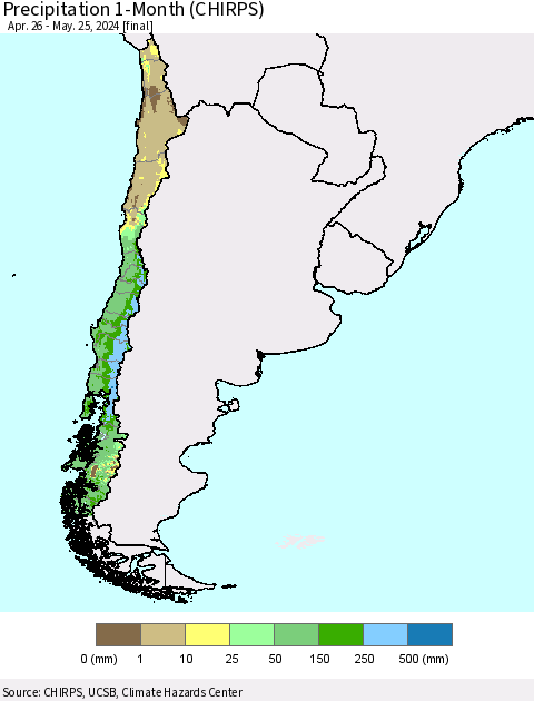 Chile Precipitation 1-Month (CHIRPS) Thematic Map For 4/26/2024 - 5/25/2024