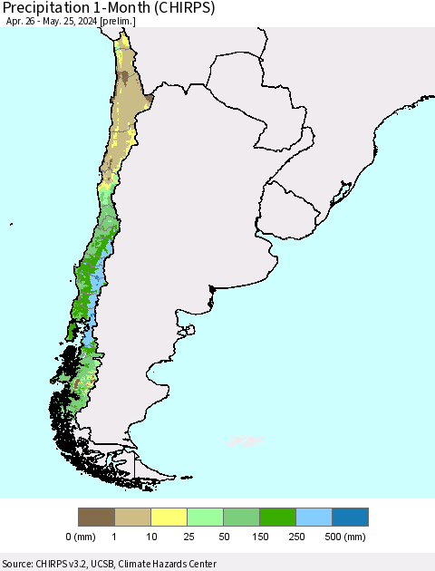 Chile Precipitation 1-Month (CHIRPS) Thematic Map For 4/26/2024 - 5/25/2024