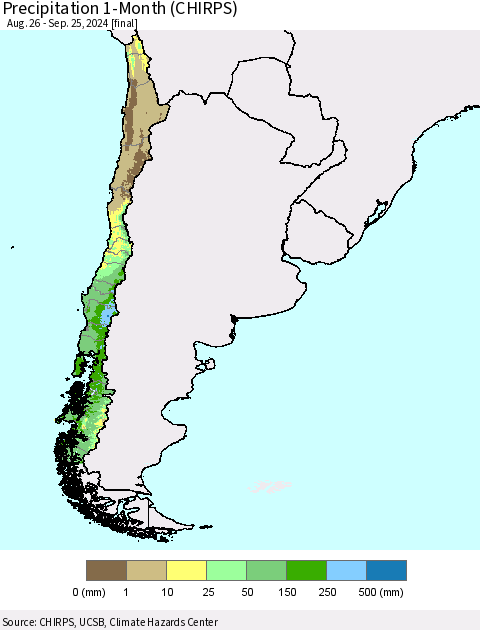 Chile Precipitation 1-Month (CHIRPS) Thematic Map For 8/26/2024 - 9/25/2024