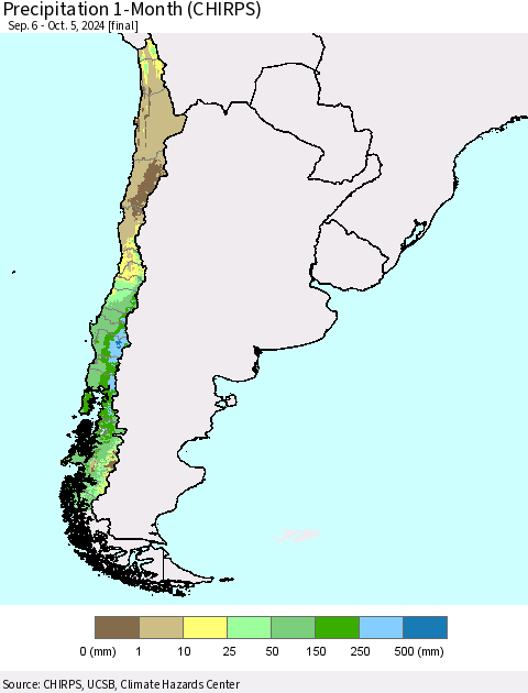 Chile Precipitation 1-Month (CHIRPS) Thematic Map For 9/6/2024 - 10/5/2024