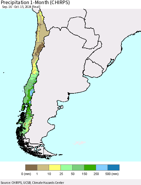 Chile Precipitation 1-Month (CHIRPS) Thematic Map For 9/16/2024 - 10/15/2024