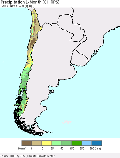Chile Precipitation 1-Month (CHIRPS) Thematic Map For 10/6/2024 - 11/5/2024