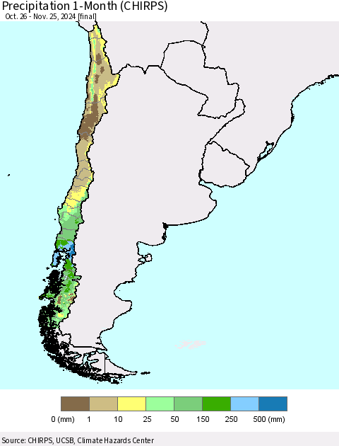Chile Precipitation 1-Month (CHIRPS) Thematic Map For 10/26/2024 - 11/25/2024
