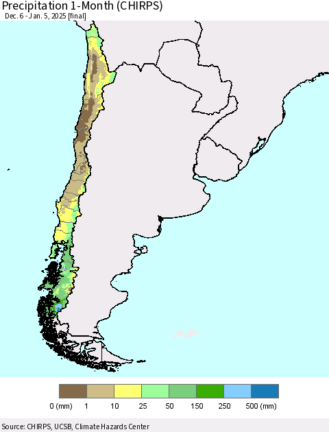 Chile Precipitation 1-Month (CHIRPS) Thematic Map For 12/6/2024 - 1/5/2025