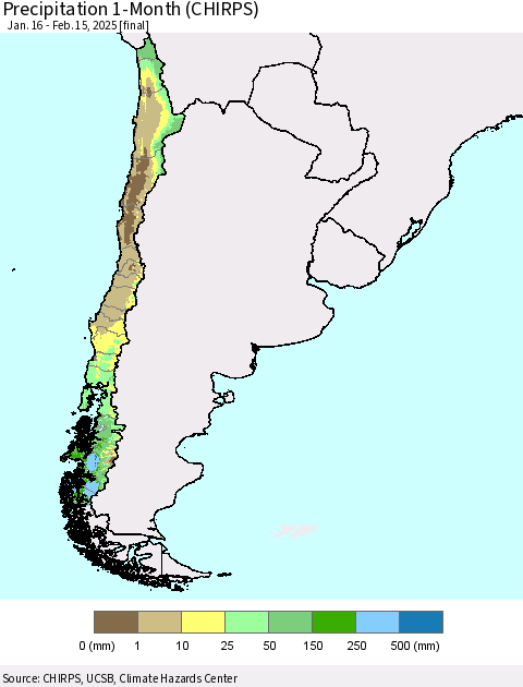 Chile Precipitation 1-Month (CHIRPS) Thematic Map For 1/16/2025 - 2/15/2025