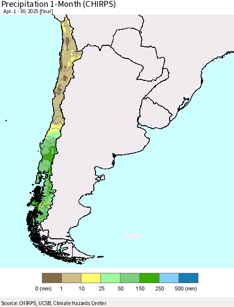 Chile Precipitation 1-Month (CHIRPS) Thematic Map For 4/1/2025 - 4/30/2025