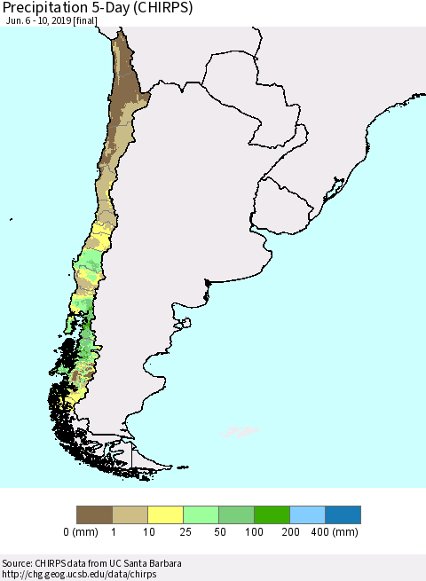 Chile Precipitation 5-Day (CHIRPS) Thematic Map For 6/6/2019 - 6/10/2019