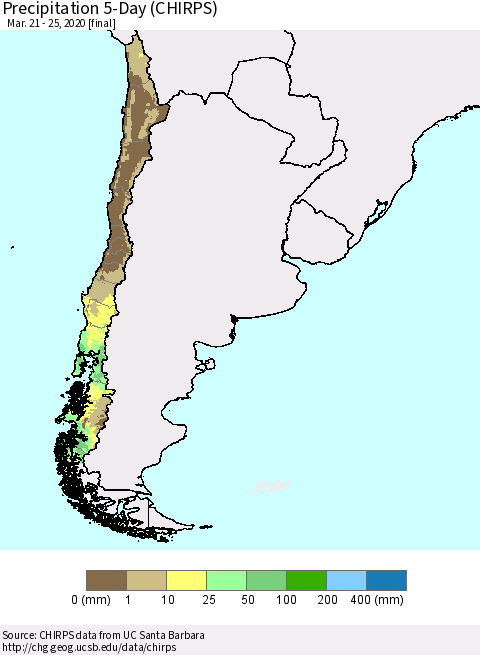Chile Precipitation 5-Day (CHIRPS) Thematic Map For 3/21/2020 - 3/25/2020