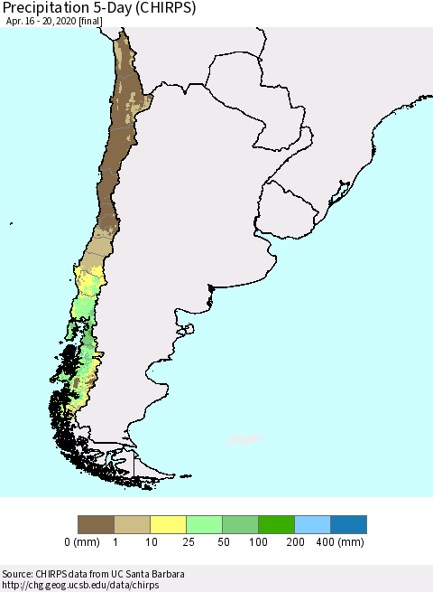 Chile Precipitation 5-Day (CHIRPS) Thematic Map For 4/16/2020 - 4/20/2020