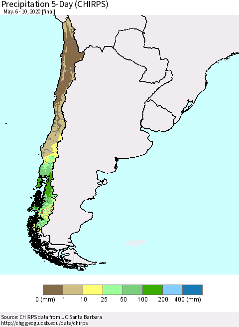 Chile Precipitation 5-Day (CHIRPS) Thematic Map For 5/6/2020 - 5/10/2020