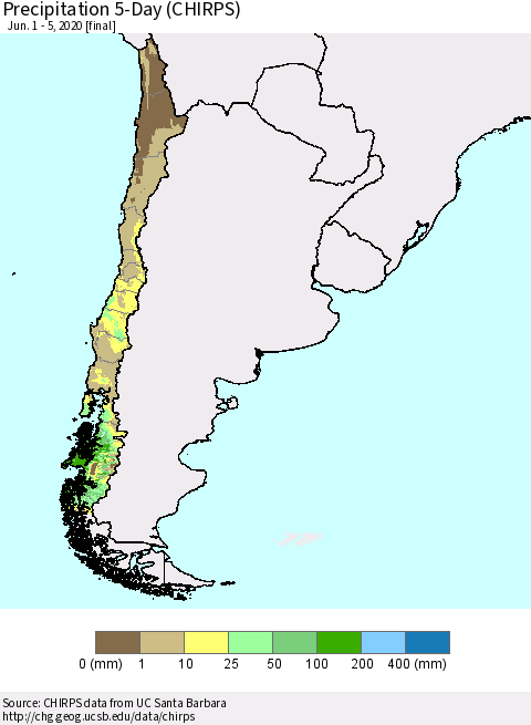 Chile Precipitation 5-Day (CHIRPS) Thematic Map For 6/1/2020 - 6/5/2020
