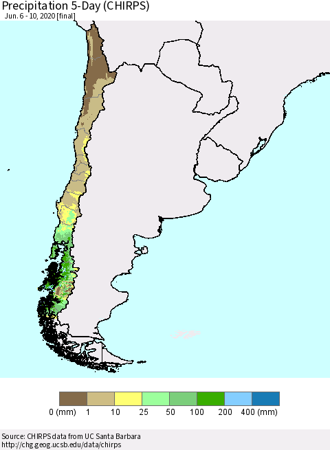 Chile Precipitation 5-Day (CHIRPS) Thematic Map For 6/6/2020 - 6/10/2020