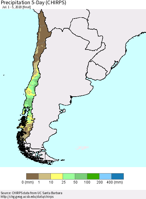 Chile Precipitation 5-Day (CHIRPS) Thematic Map For 7/1/2020 - 7/5/2020