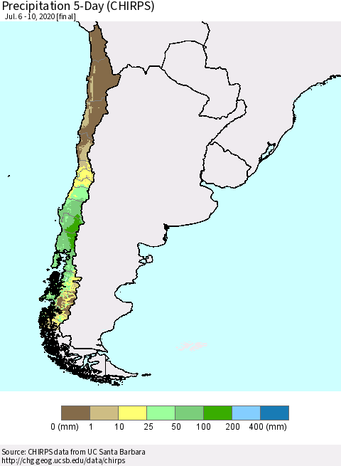 Chile Precipitation 5-Day (CHIRPS) Thematic Map For 7/6/2020 - 7/10/2020