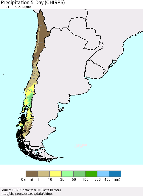 Chile Precipitation 5-Day (CHIRPS) Thematic Map For 7/11/2020 - 7/15/2020