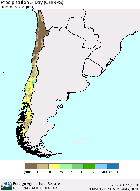 Chile Precipitation 5-Day (CHIRPS) Thematic Map For 5/16/2021 - 5/20/2021